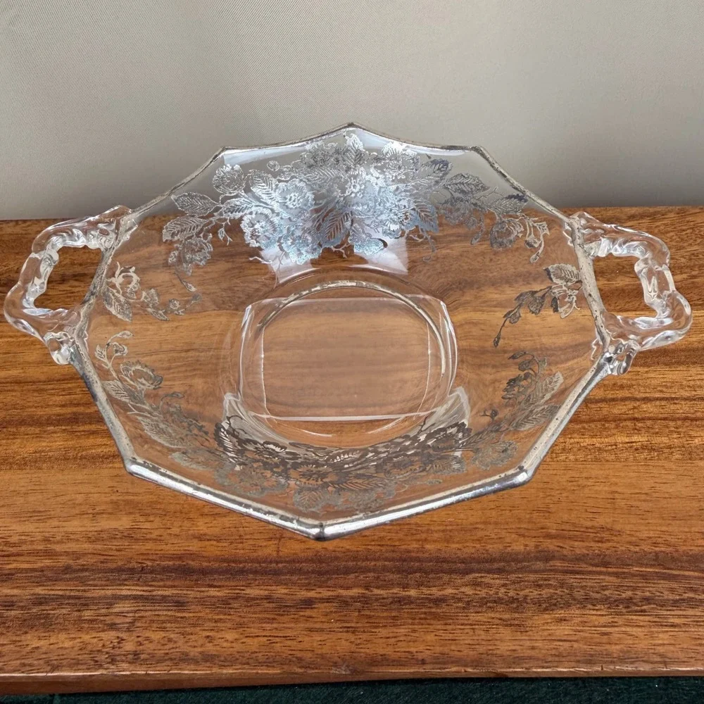 Silver City Glass Sterling Silver Overlay Floral Bowl Octagonal Handled Vintage